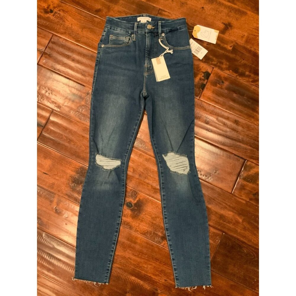 Good American Medium Wash Good Waist Crop Distressed Blue Jeans US Sz 00/24 NWT!
